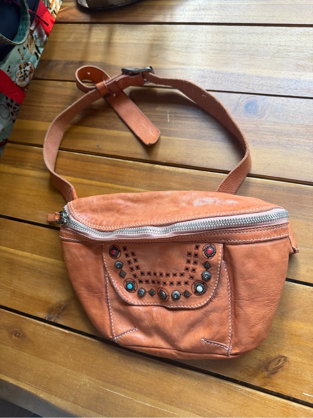 Campomaggi orange/brown leather studded waist bag with turquoise accents